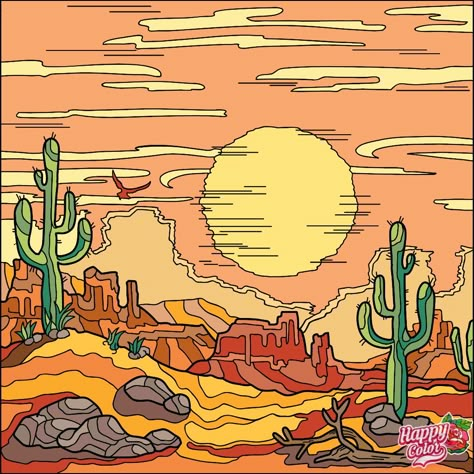 La belleza del desierto Coloring Pages By Number, Ipad Sketch, Star Coloring Pages, Western Artwork, Art Puzzle, Desert Scene, Scene Drawing, Wilde Westen, Desert Art