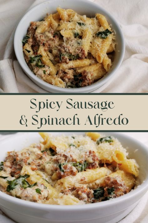 Penne pasta and spicy ground sausage come together in a creamy, cheesy sauce to create an Alfredo with a kick!    #pasta #budgetmeal #mealprep #spicy #homemade Chicken Sausage Alfredo Pasta, Alfredo Sausage Pasta, Spicy Sausage Recipes, Sausage Penne Pasta, Sausage Alfredo Pasta, Penne Alfredo, Alfredo Pasta Bake, Creamy Sausage Pasta, Sausage Alfredo