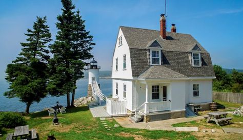 A Lighthouse Keeper’s House for Sale on Isle au Haut, Maine | Yankee Magazine Living In A Lighthouse, Lighthouse Home, Home Design Styles, Old House Exterior, Brindleton Bay, Maine Lighthouses, Family Summer Vacation, Enchanted Island, Lighthouse Keeper