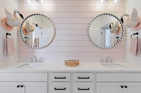 We are sharing our girls pink shiplap bathroom over on the blog! We found the best pink paint around and can't wait to share how we transformed the girls bathroom and gave it this custom look without a high price tag! #pinkshiplap #shiplap #pinkpaint #bestpinkpaint #bathroomdesign #bathroomdecor Pink Shiplap, Best Pink Paint, White Quartz Counter, Shiplap Bathroom, Bathroom Accent Wall, Bathroom Accents, White Shiplap, Chrome Faucet, Summer Cottage