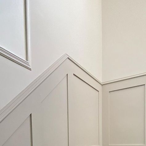 School House White Hallway, Panelling On Curved Stairs, Staircase Dado Rail, Easy Panelling Stairs, Stairs 1930s House, Staircase Paneling, Grey And White Fleck Stair Carpet Uk, Panelling Hallway, Stair Paneling