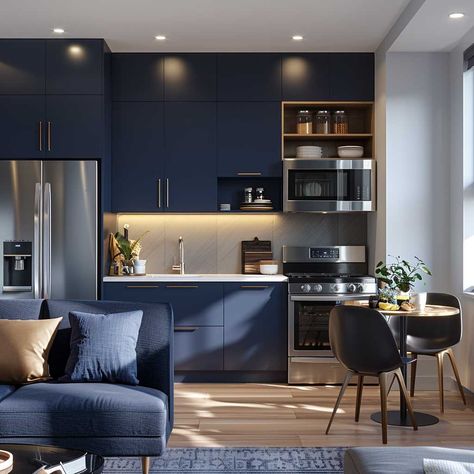 14+ Elegant Studio Kitchen Ideas in Classic Navy Blue • 333+ Art Images Navy Blue Kitchen Cabinets Small Spaces, Studio Kitchen Ideas, Living Room Kitchen Combo, Navy Kitchen Cabinets, Kitchen Countertop Ideas, Black Fridges, Kitchen Flooring Options, Inspiring Lifestyle, Navy Kitchen