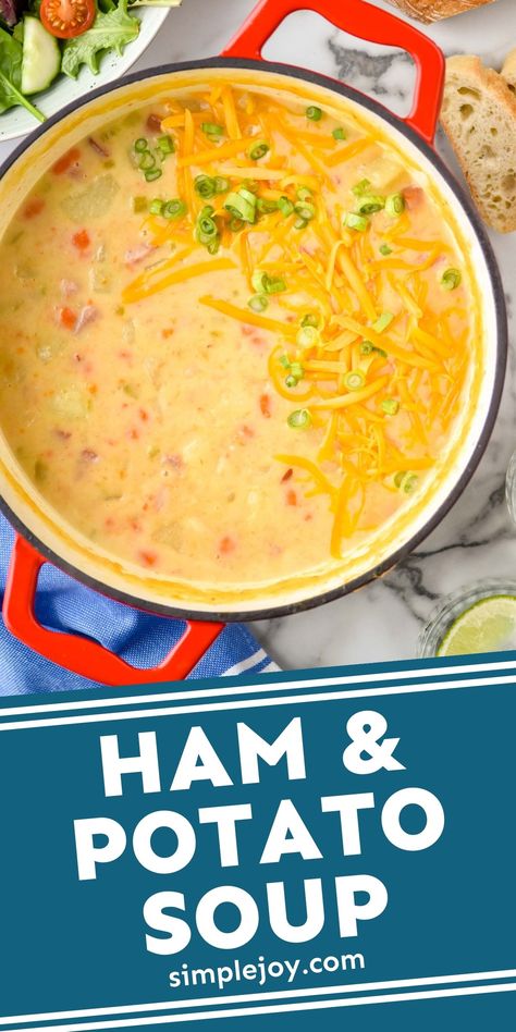 Ham and Potato Soup is a deliciously comforting soup that is so easy to make. Simple ingredients come together in this hearty dinner recipe that you will come back to over and over. Best Ham And Potato Soup, Ham And Potatoes, Potato Soup Crockpot Recipes, Ham Soup Recipes, Ham And Potato Soup, Ham Potato, Slow Cooker Ham, Potato Soup Crock Pot, Hearty Dinner Recipes