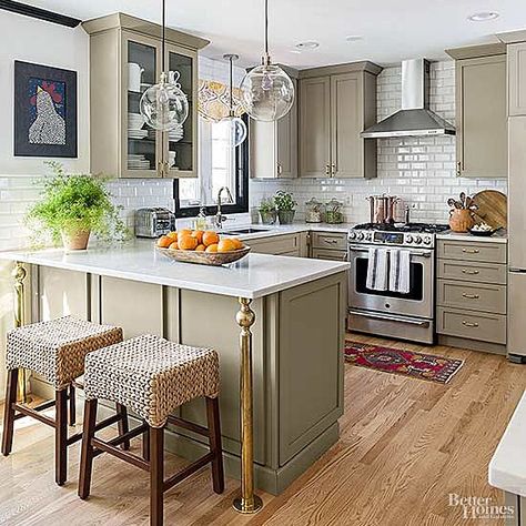 Kitchen Layout U Shaped, Greige Cabinets, 2021 Kitchen Trends, Small U Shaped Kitchen, Kitchen Remodel Cost, Big Personality, Diy Kitchen Remodel, Builder Grade, U Shaped Kitchen