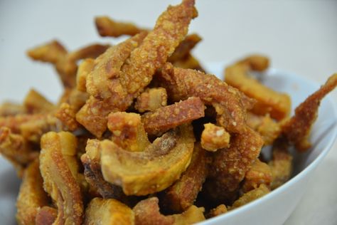 Homemade pork scratchings: a guilty pleasure | Pork Scratchings, Best Pork Recipes, Best Pork Recipe, Perfect Pantry, Recipe Organization, On The Menu, Guilty Pleasure, Onion Rings, Favorite Snack