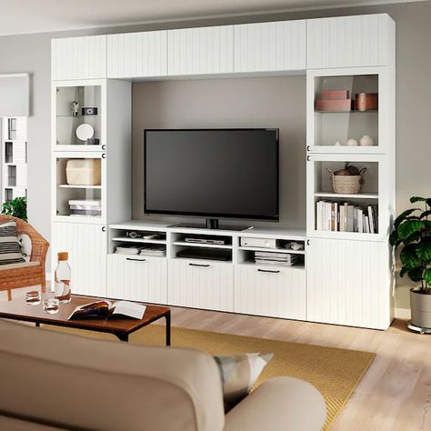 BESTÅ TV storage combination/glass doors, white Sutterviken/Sindvik white clear glass, 1181/8x161/2x91" - IKEA Besta Tv Bank, Ikea Tv, Tv Bank, Tv Bench, Tv Storage, Outdoor Beds, Ikea Besta, Door Shelves, Honeycomb Paper