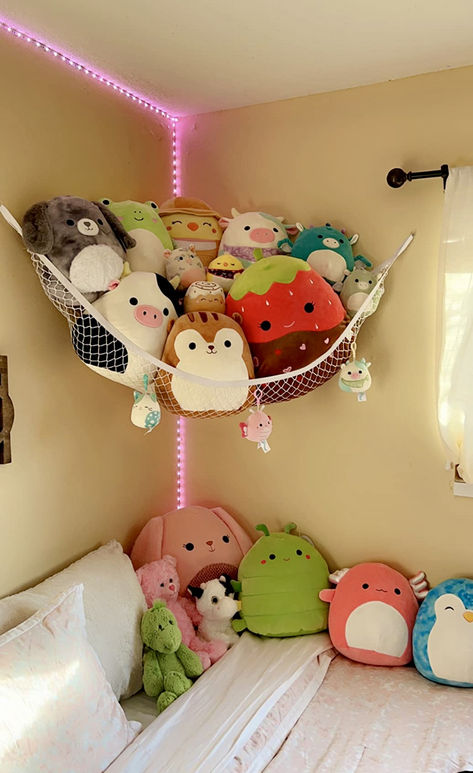 Stuffed Animal Storage Hammock, Net Organizer, Toy Storage, Cute Plushie Holder, Room Bedroom Decor Crochet For Bedroom Decor, Stuff Animals Plush On Bed, Corner Hammock For Stuffed Animals, Stuffed Toys Aesthetic Room, Stuffed Animal Storage Ideas For Adults, Big Stuffed Animal Storage, Stuffed Animal Ceiling Net, Hammock Stuffed Animal Storage, Stuffed Toys Storage Ideas