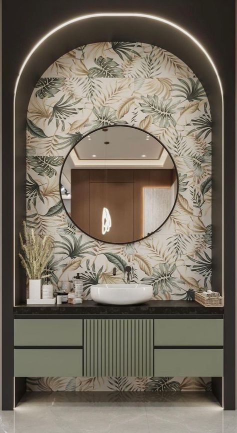 Modern Living Room Brown, Washroom Designs, African Room, Wallpaper Backdrop, Moroccan Interiors, With Wallpaper, Washroom Design, Basin Design, Wall Finishes