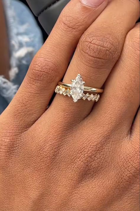 Marquise Engagement Ring 1 Carat, Marquis Ring Stack, Wedding Ring Stack Marquise, Different Ring Cuts, Wedding Band With Marquise Engagement, Diamond Ring Shapes, Marquise Stack, Marquise Wedding Stack, Marquise Ring Stack