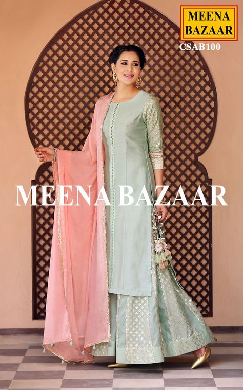 Sharara Design, Sharara Outfits, Plazo Suits, Meena Bazaar, Plazzo Suits, Indian Ethnic Wear For Women, Pink Dupatta, Pista Green, Indian Designer Suits