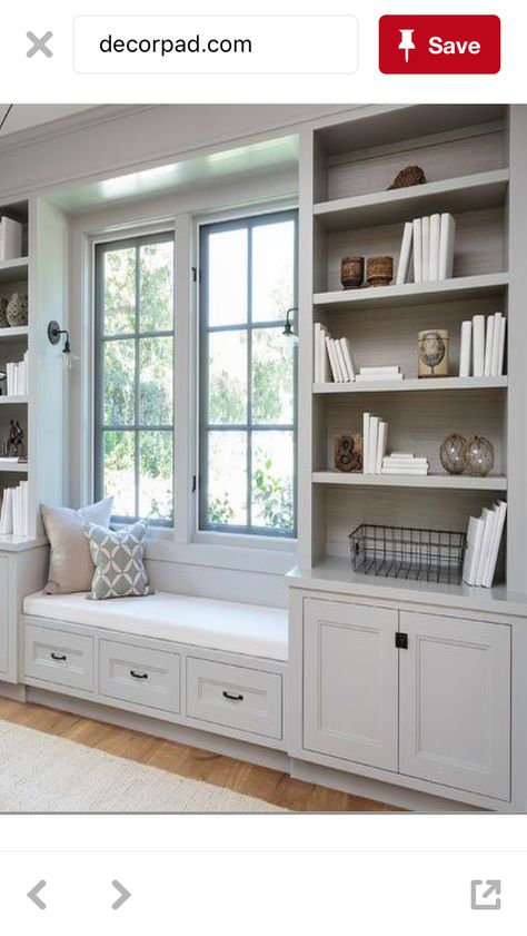 Storage Around A Window, Window Bench Built In Shelves, Small Corner Nook Ideas Living Room, Bookcases Around Window Living Room, Bookshelves By Window, Built In Shelves Window, Multi Functional Guest Bedroom Ideas, Built Ins Around A Window, Built Ins Between Windows