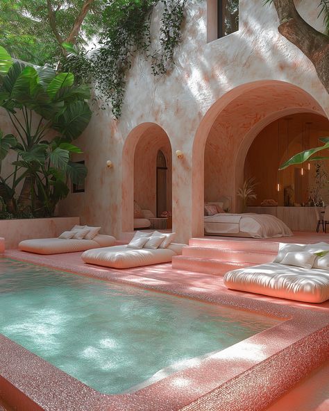 Kick back and relax in peachy pink paradise (with a hint of glitter, of course) 🍑✨ #aiarchitecture #aidreamscapes #sparkles #girlsweekend #glittercore #poolparty #thisisnotreal #pinkparadise #poolarea #aidesign Pink Pool Aesthetic, Pink Swimming Pool, Villa Ideas, Pink Pool, Dream House Aesthetic, Beautiful Modern Homes, Pink Paradise, House Aesthetic, Dr House