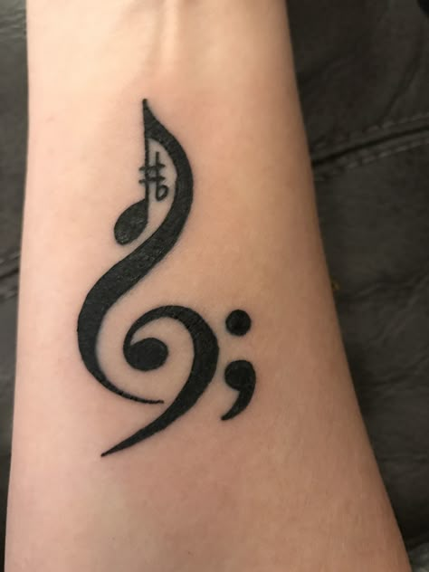 Tangled Semicolon Tattoo, Music Symbol Tattoo Design, Music Note And Semicolon Tattoo, Best Friend Semicolon Tattoo, Bass Clef Semi Colon Tattoo, Semi Colon Music Note Tattoo, Music And Semicolon Tattoo, Small Tattoos Semicolon, Music Semicolon Tattoo