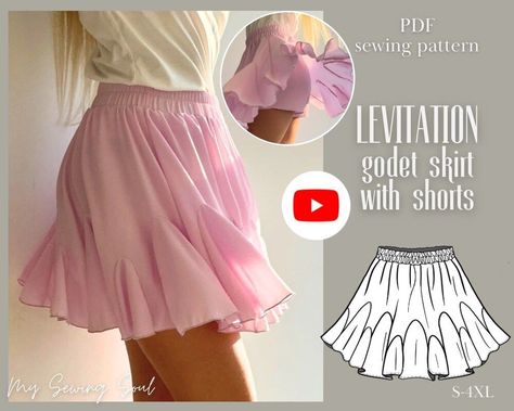 PDF sewing pattern Godet Mini Skirt with shorts Sewing Tulle Skirt, Cute Dress Sewing Patterns, Sewing Patterns Designer Clothing, Short Skirt Pattern, Practical Skirt, Skort Pattern, Mini Skirt Pattern, Diy Skirts, Godet Skirt