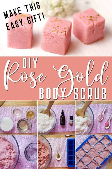 These are the CUTEST DIY rose gold body scrub cubes ever! They're perfect for a gift or party favors. Click through to get the easy recipe for these pink body scrub cubes with gold flecks! #pinkbodyscrub #rosegoldbodyscrub #bodyscrubcubes #rufflesandrainboots Body Scrub Cubes, Sugar Scrub Cubes, Diy Body Scrub Recipes, Diy Sugar Scrub Recipe, Body Scrub Recipe, Sugar Scrub Homemade, Sugar Scrub Recipe, Diy Body Scrub, Sugar Scrub Diy