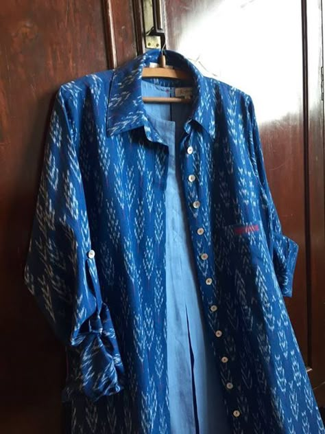 Shirt, short, colour Ikat Shirts Women, Ikkat Shirt For Women, Cotton Shrugs Jackets, Ikkat Jackets For Women, Kalamkari Shirts Women, Ikat Dress Indian, Ikkat Kurta Designs, Bandhani Kurta, Ikkat Dresses