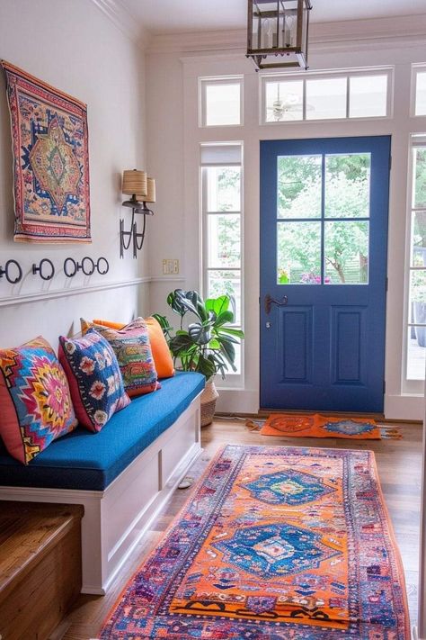 Bright Wall Colors, Vestibule Ideas, Boho Entryway Ideas, Boho Hallway, Modern Eclectic Home, Boho Entryway, Casa Interior, Hallway Colours, Mudroom Decor