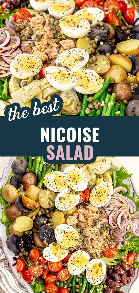 Enjoy a fresh and vibrant Niçoise Salad packed with baby potatoes, green beans, tuna, and a tangy dressing. Perfect for a light meal! 🥗✨ #NiçoiseSalad #HealthyEating #EasyRecipes #FreshSalad #LunchIdeas #DinnerInspiration #HealthyMeals Tuna Salad Salad, Nicoise Salad Recipe Dressing, Nicoise Inspired Potato Salad, Tuna Nicoise Salad Recipe, Nicoise Salad Salmon, Fresh Tuna Nicoise Salad, Nicoise Salad Recipe, Tuna Nicoise Salad, Best Salad Dressing