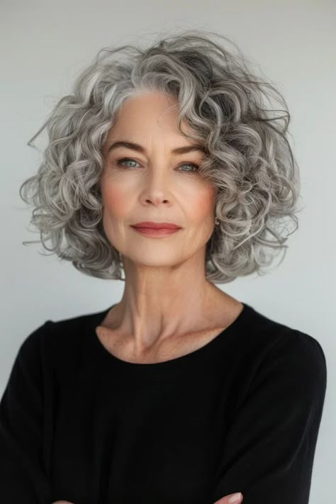 Wavy Gray Hairstyles, Curly Gray Hair Over 50, Silver Curly Hair, Gray Curly Hair, Gray Hair Over 50, Curly Gray Hair, Medium Length Curls, Curly Bobs, Trendy Short Hairstyles