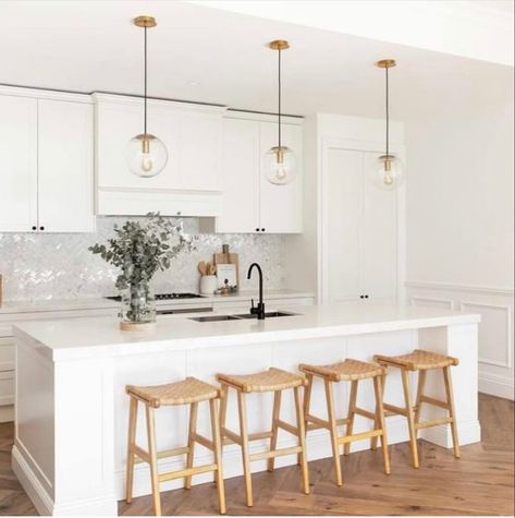 One Wall White Kitchen With Island, Kitchen Bench Pendant Lights, Rattan Pendant Light Dining Rooms, White Island Kitchen, Luxury Kitchen Layout, White Kitchen With Island, Minimalist White Kitchen, Kitchen Design Contemporary, White Coastal Kitchen