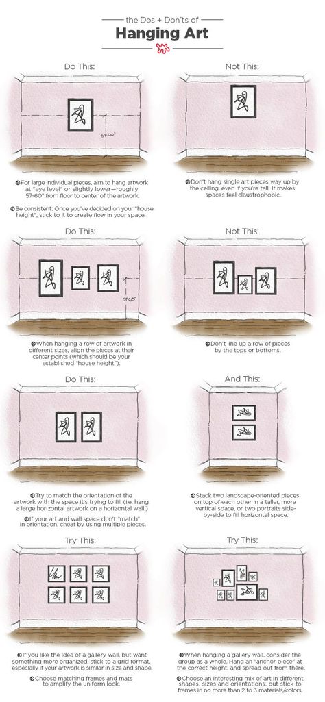 The Dos & Don'ts of Hanging Art: An Illustrated Guide — Be Your Own Designer Pictures On Wall, Interior Design Basics, Interior Makeover, Decorating Rules, Hang Pictures, Makeover Tips, Interior Design Guide, Design Basics, Hanging Artwork