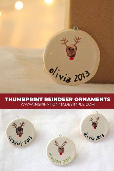 Thumbprint Reindeer Crafts - Inspiration Made Simple Kids Thumbprint Ornaments, Thumbprint Reindeer Ornament, Fingerprint Ornaments Christmas, Reindeer Thumbprint Ornament, Reindeer Fingerprint, Reindeer Thumbprint, Thumbprint Reindeer, Holiday Diy Gifts, Fingerprint Ornaments