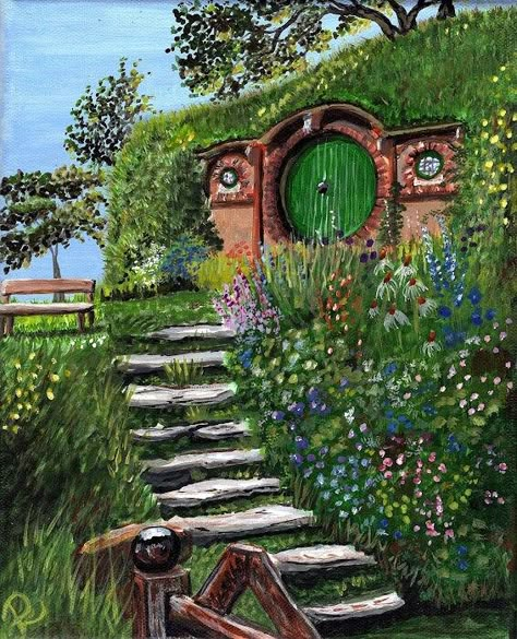 Bag End Painting, Hobbit Hole Painting Acrylic, The Shire Drawing, The Shire Illustration, Shire Paintings, Hobbiton Painting, Hobbit House Art, Harry Potter Acrylic Painting Easy, Lotr Mural