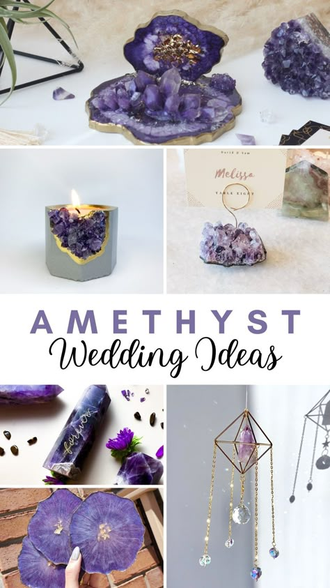 If you’re in need of some amethyst inspiration for your wedding, this post will help! Whether you’re looking to add actual pieces or simply some purple hues to various items on your wedding day, go through this list to find some amazing things! Gemstone Wedding Decor, Amethyst And Gold Wedding, Wedding Invitations Purple And Gold, Amethyst Theme Party, Gemstone Wedding Theme, Geode Wedding Theme, Crystal Themed Wedding, Crystal Wedding Decorations, Unconventional Wedding Reception