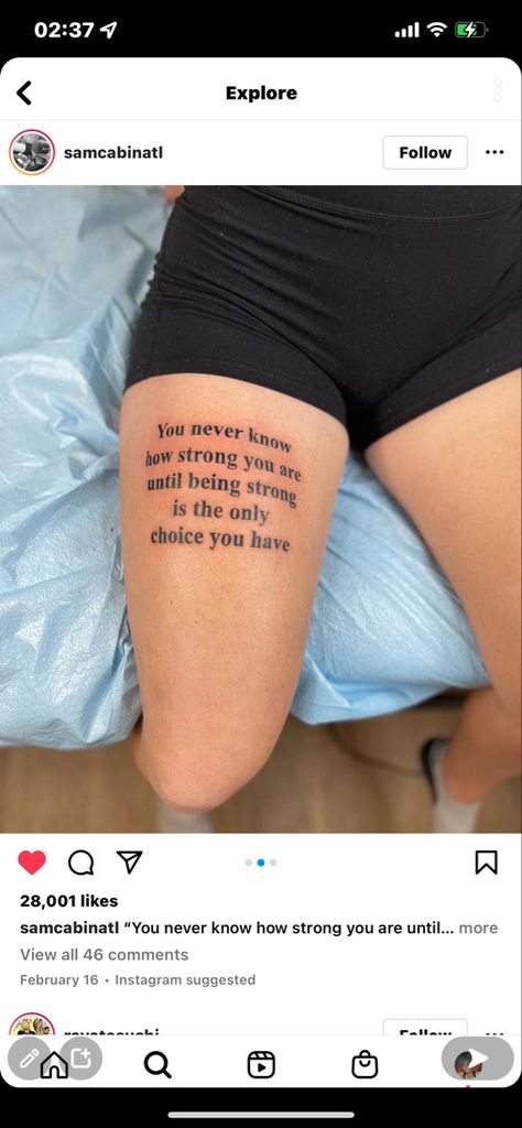 Word Tattoo On Leg, Quote Knee Tattoo, Built Different Tattoo, Quad Tattoo Women Quote, Tatttooo Ideas For Women Leg, Injury Tattoo Ideas, Thigh Text Tattoo, Leg Word Tattoo, Words Down Leg Tattoo