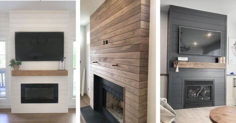 40 Beautiful Modern Shiplap Fireplace Ideas - Nikki's Plate Modern Shiplap, Diy Shiplap Fireplace, Built In Around Fireplace, Simple Fireplace, Basement Fireplace, Kitchens Design, Black Fireplace, Shiplap Fireplace, Fireplace Built Ins