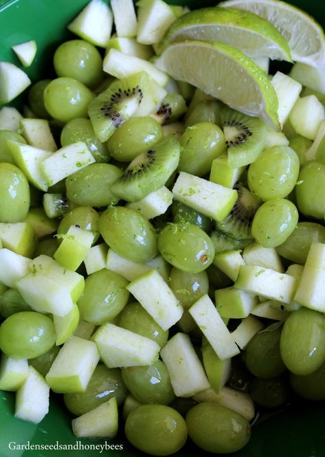 Green Fruit Salad - Garden Seeds and Honey Bees Green Snacks For Color Party, Green Fruit Salad, Salad Garden, Work Potluck, Green Snacks, Fruit Cup, Garden Fruit, Grape Recipes, Fruit Salad Easy