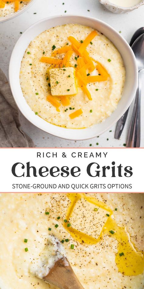 These cheese grits are perfectly richcreamyand cheesythe very best way to eat grits if you ask this Southern girlWith options for stone-ground grits or quick gritsthis might just be the only grits recipe you'll ever need. Cheesey Grits, Easy Cheese Grits, Grits Recipe Breakfast, Crockpot Grits, Cheesy Grits Recipe, Salad With Pistachios, Cheese Grits Recipe, Quick Grits, Instant Grits