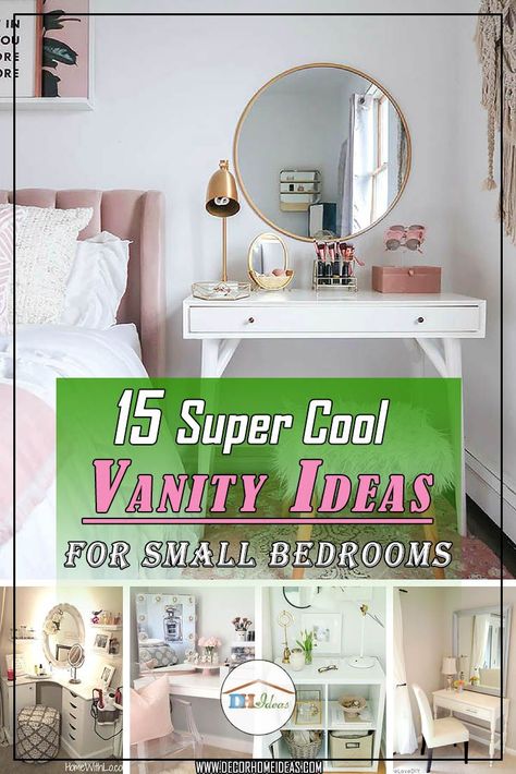 15 Cool Vanity Ideas for Small Bedrooms #vanity #bedroom #vanitybedroom #makeupvanity #homedecor #decorhomeiedeas Vanity As Nightstand Bedside Tables, Unique Makeup Vanity Ideas, Vanity With Shelves Above, Turn Closet Into Vanity, Bedroom Vanity Ideas Makeup Desk Small Spaces, Vanity Bedside Table, Small Bedroom With Vanity Layout, Bedroom Makeup Vanity Ideas, Bedroom Vanity Lighting Ideas