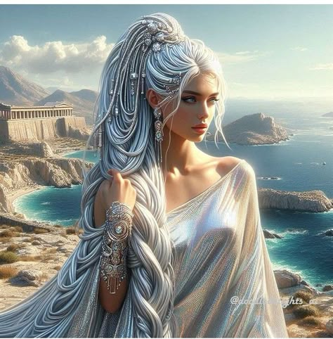 Long Diamond Dress, White Hair Goddess, Air Elemental Female, Elf Goddess, White Hair Sorceress Art, White Haired Goddess Art, Elf Woman White Hair, Blond Elf Woman, White Hair Goddess Fantasy Art