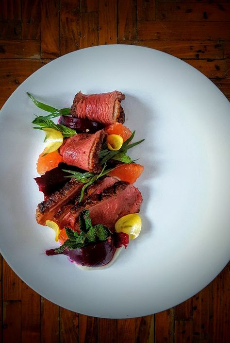 Roast Duck Breast, Beets 2-Ways, Parsnip Puree, Grapefruit Suprêmes, Tarragon, Mint, & Duck Fat Vinaigrette — Family Meal Duck Breast Recipes Fine Dining, Duck Dinner, Meat Photography, Roasted Duck Breast, Duck Breast Recipe, Foodie Lover, Parsnip Puree, Gourmet Food Plating, Spring Menu