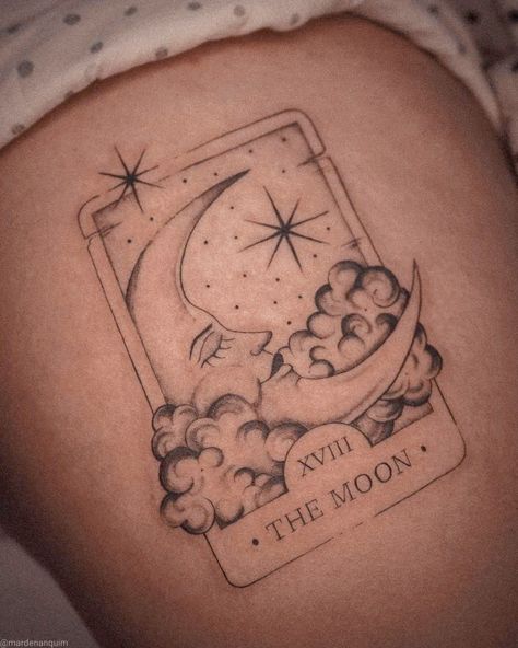 The Moon And Sun Tarot Card Tattoo, Astrology Aesthetic Tattoo, Astrology Moon Tattoo, Moon Tarot Tattoo Designs, Sun Moon And Star Tarot Card Tattoo, Tattoos Tarot Cards, Night Aesthetic Tattoo, Tarot Card Tattoo The Moon, Taurus Tarot Card Tattoo