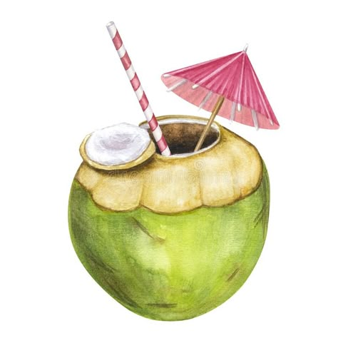 Cocktail green coconut with straw umbrella tropical exotic beach drink. Hand drawn watercolor illustration isolated on stock photos Coconut With Straw, Straw Umbrella, Cocktail Watercolor, Coconut Cocktail, Tropical Artwork, Beach Drink, Green Coconut, Paint People, Coconut Drinks