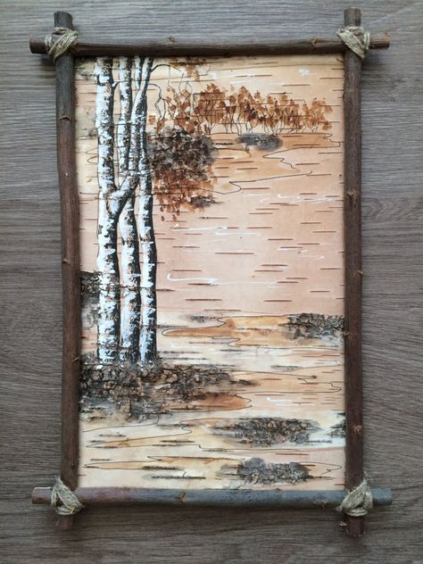 Birch Bark Art Ideas, Crafts Using Birch Bark, Birch Bark Painting, Painting On Birch Bark, Birch Bark Crafts Diy, Birch Bark Art, Birchbark Crafts, Tree Bark Art, Birch Bark Decor