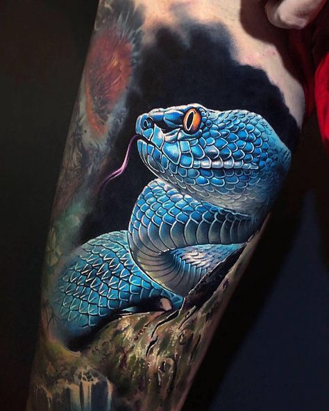 Crazy tattoo by Khail Aitken #tattoos #tattooideas #tattooart #tattoodesigns #tattoosforguys #tattoosleeves #tattooideasmenssleeve Best Realism Tattoo, Snake Tattoo Meaning, Traditional Snake Tattoo, Cobra Tattoo, Tattoo Snake, Snake Tattoo Design, Realistic Tattoo, Tatuaje A Color, Weird Tattoos