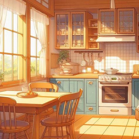 Kitchen Design Animation, Cottage Kitchen Illustration, Cozy Living Room Drawing, Kitchen Background Aesthetic, Kitchen Background Drawing, 2 Point Perspective Kitchen, Kitchen Concept Art, Animated Kitchen, Kitchen Illustration Art