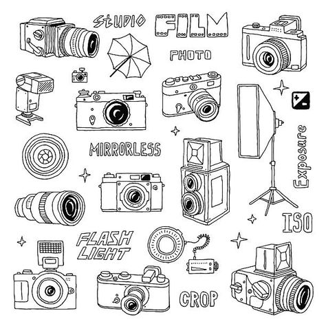 Camera Drawing Art, Camera Doodle, Camera Clip Art, Camera Illustration, Illustration Black And White, Camera Drawing, Cool Doodles, Doodle Pages, Zen Doodle Art