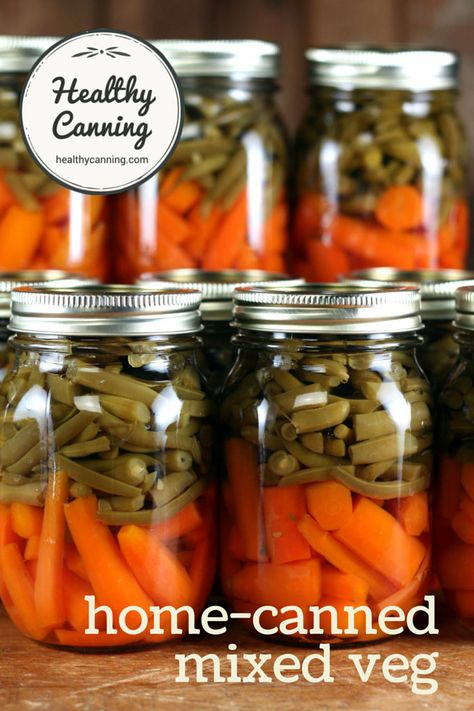 Home canned mixed vegetables. When you are pressure canning vegetables, you can do mixed batches inside a jar. #canning Canning Mixed Vegetables, Canned Mixed Vegetables, Pickled Brussel Sprouts, Canned Recipes, Canned Veggies, Healthy Canning, Mix Vegetable Recipe, Canned Carrots, Preserving Tomatoes