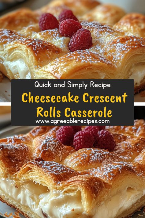 Satisfy your sweet tooth with this creamy Cheesecake Crescent Rolls Casserole! Flaky, buttery dough meets luscious cream cheese for a dessert everyone will love. Perfect for any occasion! Crescent Roll Breakfast Recipes Cream Cheese, Crescent Roll Recipes Dessert Cream Cheese, Cresent Roll Cheesecake Recipes, Cinnamon Cheesecake Bars Crescent Rolls, Desert With Cresent Roll And Cream Cheese, Crescent Roll Casserole, Recipes Using Crescent Rolls, Crescent Roll Cheesecake, Crescent Roll Dessert