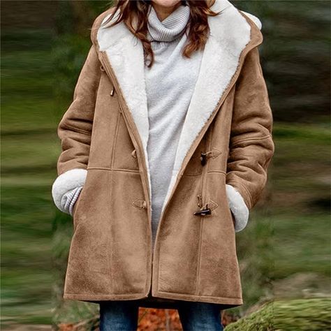 Women's Winter Warm Jacket Fleece Lined Fuzzy Coats Button Down Sherpa Outerwear Stand Collar Loose Teddy Coats 2023 Fluffy Jacket, Long Sleeve Denim Jacket, Cozy Coats, Long Sleeve Workout, Velvet Coat, Outwear Women, Duffle Coat, Long Sleeve Knit Sweaters, Brown Jacket