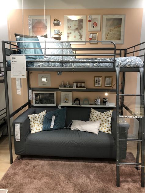 Bunk Bed Studio Apartment, Teen Boy Loft Bedroom Ideas, Loft Bed With Couch Underneath, Small Room Loft Bed, Teen Loft Bedrooms, Ikea Loft Bed Hack, Boys Loft Bedroom, Loft Bed With Couch, Studio Apartment Bed