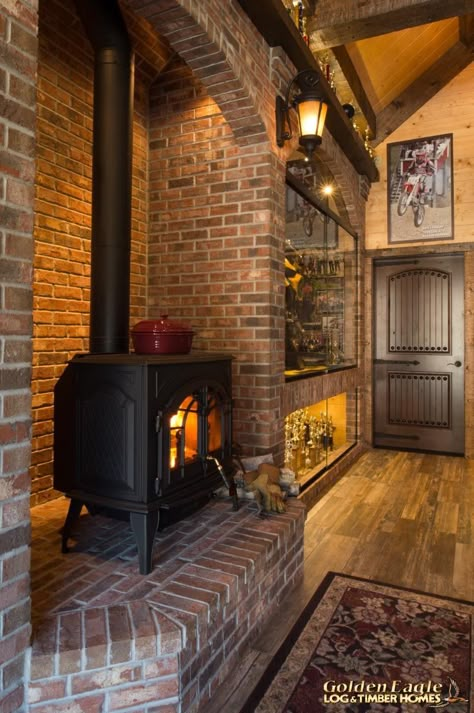 Timber Pub / Guest House 1859AL - Cast Fireplace Wood Burning Stove In Fireplace, Cast Fireplace, Corner Wood Stove, Wood Stove Surround, Wood Stove Hearth, Wood Burning Stoves Living Room, Stove Ideas, Log And Timber Homes, Holiday Fireplace