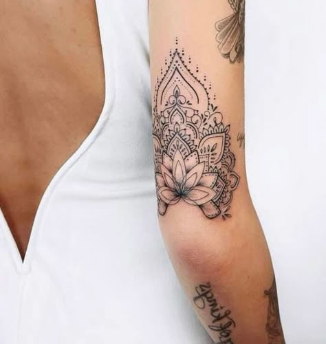 Back Of Arm Tattoo Women Mandala, Mandala Tattoo Above Elbow, Viking Shoulder Tattoo For Women, Back Of Lower Arm Tattoo, Pretty Elbow Tattoos For Women, Back Bicep Tattoos For Women, Above Inner Elbow Tattoos For Women, Women’s Elbow Tattoos, Below Elbow Tattoo Women