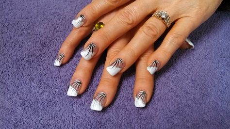 diagonal french and opposite side do a waterfall of black and white lines .Hand painted by Alicia at A touch of Joy Salon Salem nh Diagonal French Tip, Art Gallery Outfit Ideas, Gallery Outfit Ideas, Gallery Outfit, Art Gallery Outfit, French Tip Nail Art, Nail Art Stripes, Wow Nails, French Nail Designs