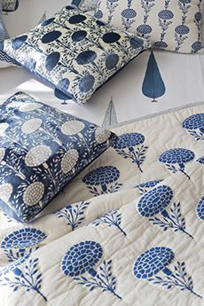 Marigold Bed Collection Good Earth. #CloudIndigo #HandBlock #SustainableLuxury Good Earth Bedding, Good Earth Prints, Fabric Block Printing, Old Fashioned Fudge, Block Printed Textiles, Good Earth, Block Printed Pillows, Folk Art Flowers, Cushion Cover Designs