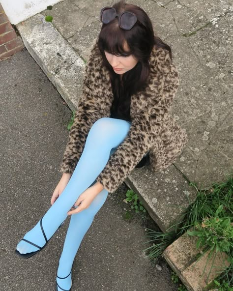 Leopard print coats, blue tights and Jesus Christ on a wooden sign, everything is romanticccc ⭐️🩵⛪️ #falloutfit #fallfashion #vintagestyle #vintagefashion #60sfasion #bluetights #imwearing #outfitinspiration Lilac Tights Outfit, Blue Pantyhose Outfit, Light Blue Tights Outfit, Leopard Tights Outfit, Atomic County, Blue Tights Outfit, Light Blue Tights, Nye 2024, Pantyhose Outfit